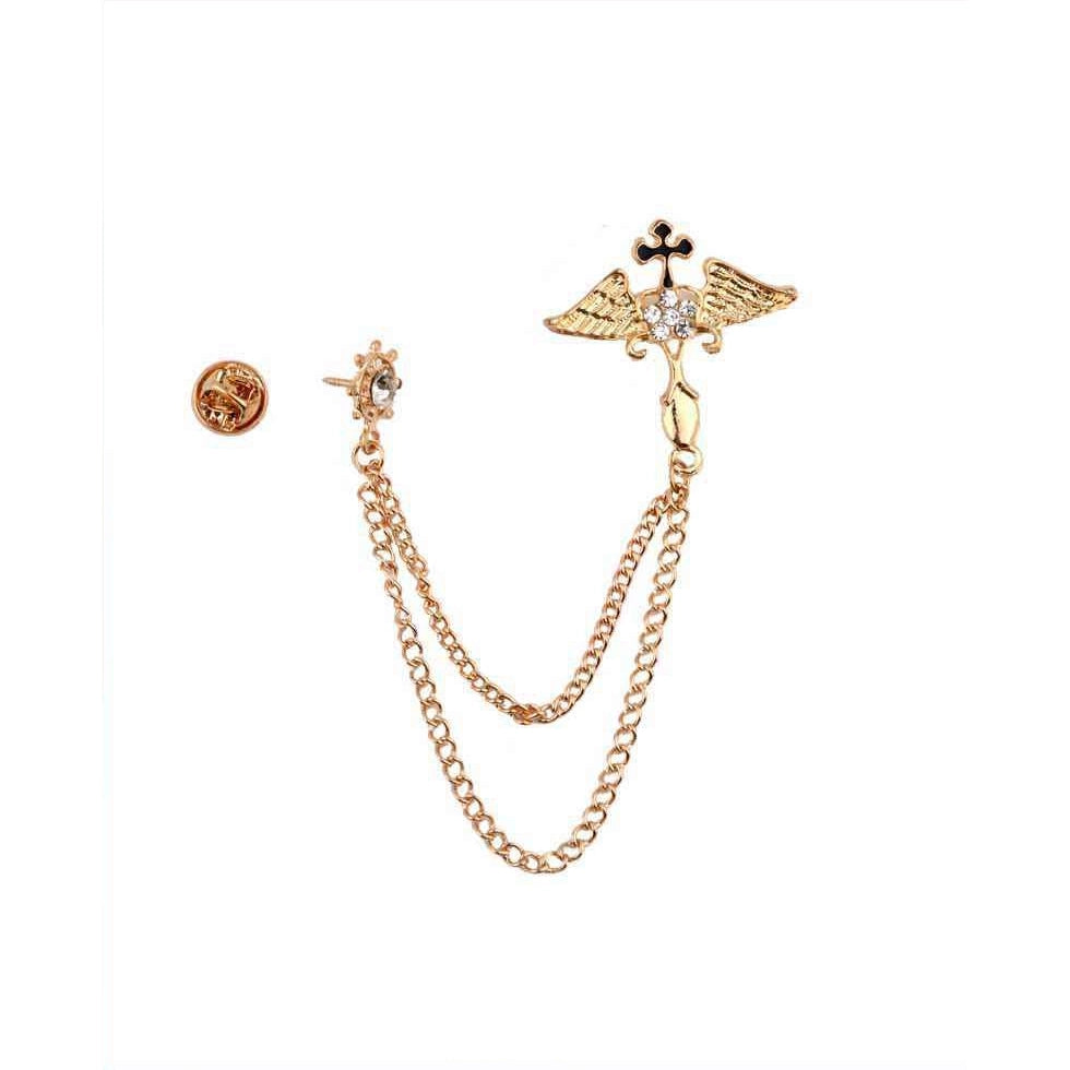 Vintage Double Chain Lapel Pin – Rhinestone Winged Cross & Nautical Anchor Collar Brooch (DNV-3483)