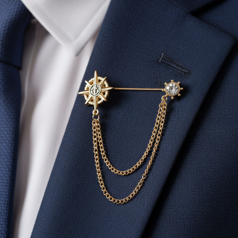Vintage Nautical Brooch Pin with Double Chain | Anchor & Compass Lapel Pin for Suits, Cardigans, and Collars | Men's & Women's Fashion Jewelry (DNV-3484)
