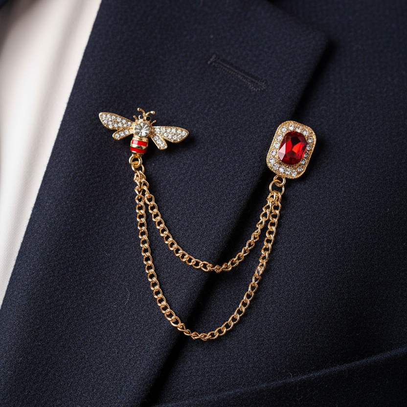 Crystal Bee Collar Brooch with Double Chain (12pcs) | Vintage Rhinestone Honeybee Lapel Pin for Suits, Cardigans & Coats | Elegant Fashion Jewelry Accessory Assortment (DNV-3485)
