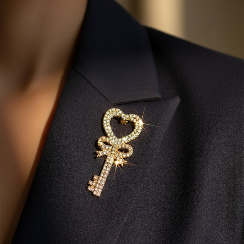 Sparkling Rhinestone Heart Key Brooch Pin Set (12-Piece Wholesale Pack) – Gold & Silver Elegant Crystal Bow Jewelry Accent (DNV-3492)