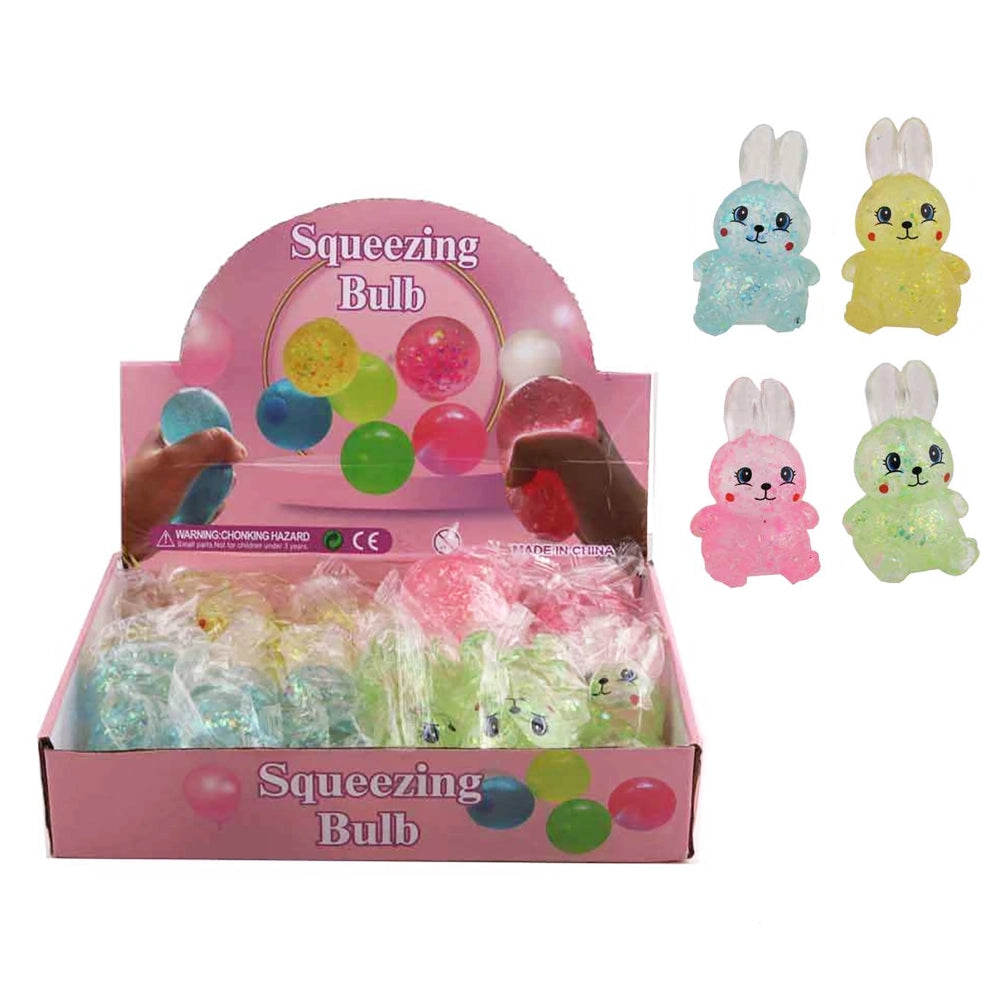 Cute Glitter Rabbit Squishy Stress Ball Toys (12-Piece Display Box) – Bunny Sensory Squeeze Toys for Kids & Adults (DNV-3502)