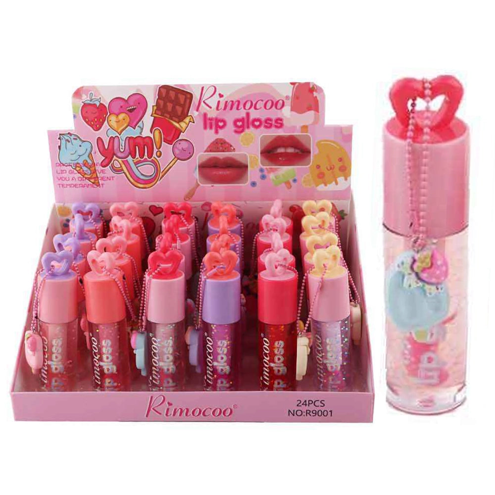 Rimocoo Cute Heart-Cap Lip Gloss Set with Dessert Charm Keychains – 9.5cm Fruity Hydrating Clear Lip Oil Bulk Display Box (DNV-3784)