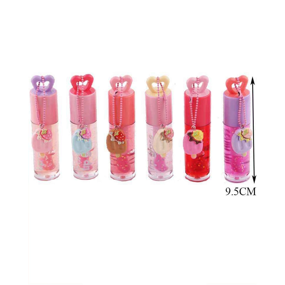 Rimocoo Cute Heart-Cap Lip Gloss Set with Dessert Charm Keychains – 9.5cm Fruity Hydrating Clear Lip Oil Bulk Display Box (DNV-3784)