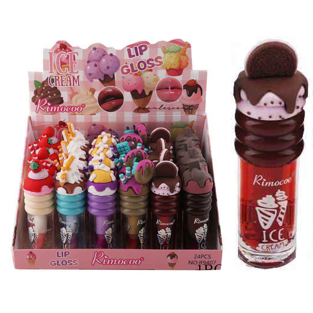 Rimocoo Ice Cream Shaped Pearlescent Lip Gloss Bulk Box (24 Pcs) – Cute Sundae Novelty Lip Balm for Party Favors & Gifts (DNV-3786)