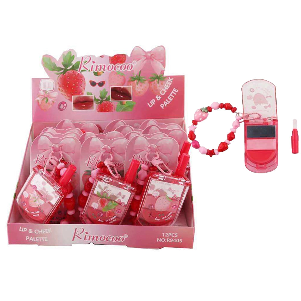 Rimocoo Strawberry Flip Phone Lip & Cheek Palette Set – Cute Keychain Makeup Compact (12-Piece Box) (DNV-3788)