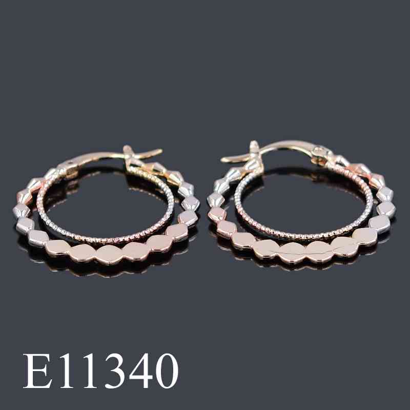 E11340 - 18K Gold Plated | 25mm | Double Layer Hoop Earrings – Textured Two-Tone Beaded Huggie Hoops for Women