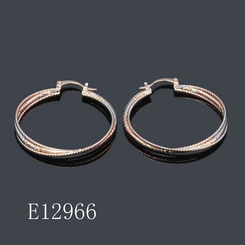 E12966 - Tri-Color Gold Plated Twisted Hoop Earrings for Women – Diamond-Cut Textured Crossover Creoles