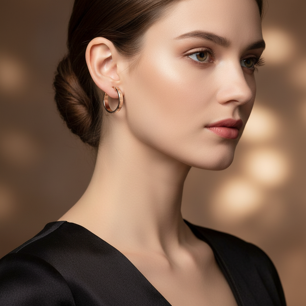 E13374 - 18K Gold Plated Textured Hoop Earrings for Women – Classic Grooved Huggie Hoops with Secure Latch Closure