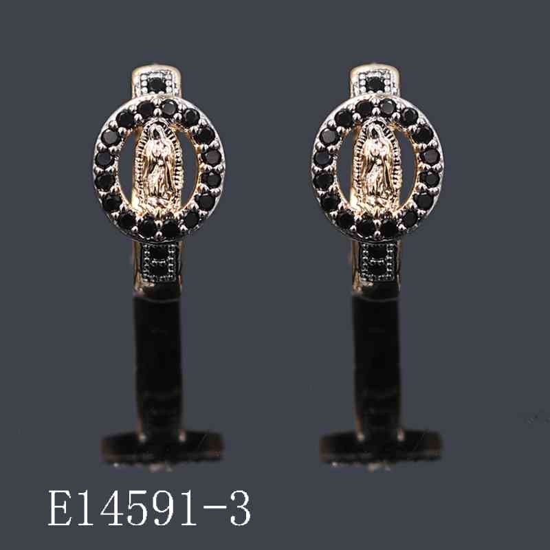 E14591-3 - Gold Plated Virgin Mary Oval Halo Earrings – Religious Black CZ Huggie Hoops