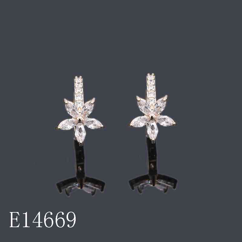 E14669 - Gold Plated Flower Huggie Hoop Earrings with Marquise Cubic Zirconia