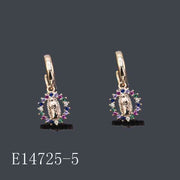 E14725-5 - 18K Gold Plated Virgin Mary Huggie Hoop Earrings with Rainbow Zirconia Halo | Religious Dangle Jewelry