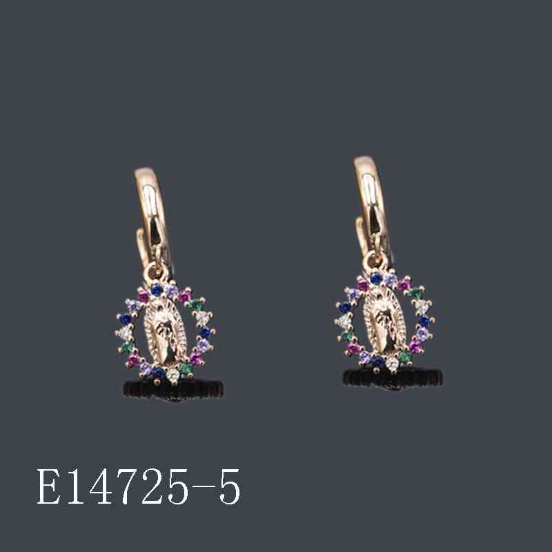 E14725-5 - 18K Gold Plated Virgin Mary Huggie Hoop Earrings with Rainbow Zirconia Halo | Religious Dangle Jewelry