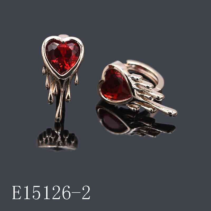 E15126-2 - Gold Plated Dripping Heart Huggie Earrings with Red Crystal Gemstone | Gothic Romance Jewelry