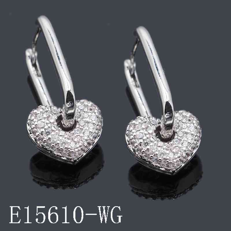 E15610-WG - 18K White Gold Plated Pave Cubic Zirconia Heart Dangle Earrings | Leverback Huggie Hoops