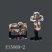 E15869-2 - 18K Gold Plated Rainbow Cross Huggie Hoop Earrings | Multicolored Baguette CZ Religious Jewelry