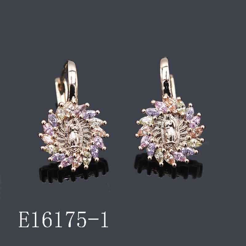 E16175-1 - 18K Gold Plated Virgin Mary Huggie Hoop Earrings with Multicolor Cubic Zirconia Sunburst Frame