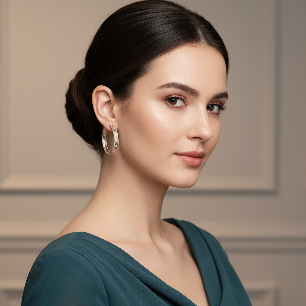 E17588 - 18K Gold Plated (30mm) Diamond-Cut Textured Hoop Earrings for Women – Classic Round Medium Hoops