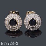 E17728-3 - 18K Gold Plated Black Onyx Stud Earrings for Women | Double Halo Cubic Zirconia Hypoallergenic Post Earrings
