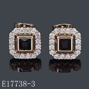E17738-3 - 18K Gold Plated Black Onyx Square Halo Stud Earrings for Women | Cubic Zirconia Geometric Earrings