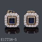 E17738-5 - 18K Gold Plated Blue Sapphire Square Halo Stud Earrings for Women | Cubic Zirconia Vintage Elegant Jewelry
