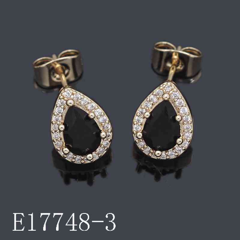 E17748-3 - 18K Gold Plated Black Teardrop Stud Earrings - Onyx CZ Halo Drop Earrings for Women