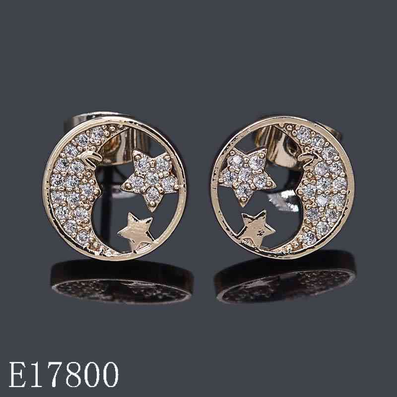 E17800 - 18K Gold Plated Celestial Crescent Moon and Star Stud Earrings with Cubic Zirconia