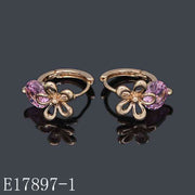 E17897-1 - 18K Gold Plated Flower Huggie Hoop Earrings with Pink Cubic Zirconia | Floral Crystal Hoop Jewelry for Women