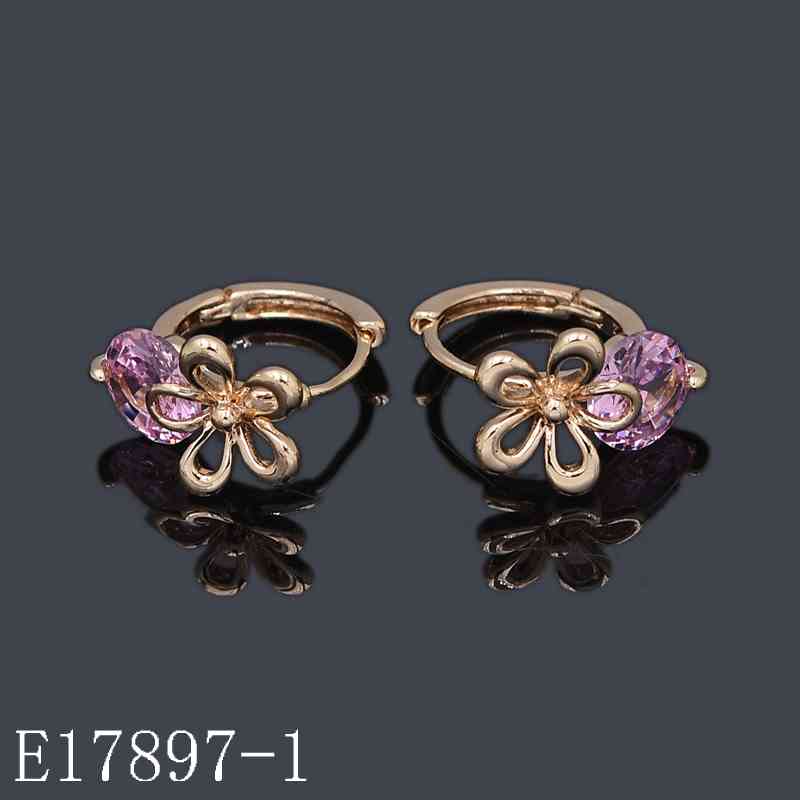 E17897-1 - 18K Gold Plated Flower Huggie Hoop Earrings with Pink Cubic Zirconia | Floral Crystal Hoop Jewelry for Women