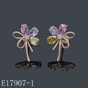 E17907-1 - Exquisite Gold-Plated CZ Flower Stud Earrings with Pink, Lavender, and Peridot Accents