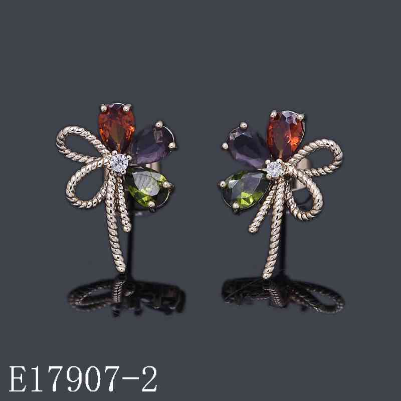 E17907-2 - 18K Gold Plated Flower Bow Stud Earrings with Multi-Color Zirconia Gemstones | Vintage Floral Jewelry Gift for Women