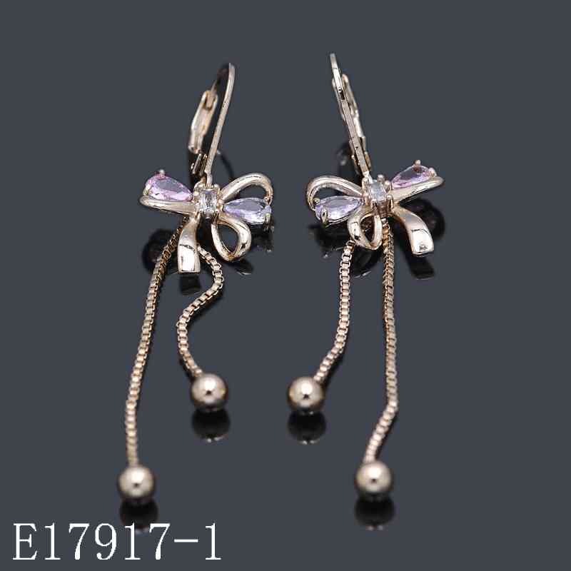 E17917-1 - 18K Gold Plated Bow Dangle Earrings with Lavender Cubic Zirconia & Hanging Chain Tassels