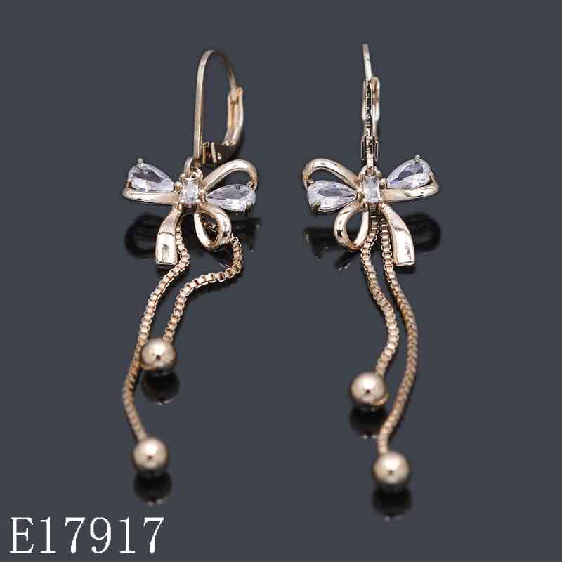 E17917 - 18K Gold Plated Ribbon Bow Dangle Earrings with Cubic Zirconia & Hanging Bead Tassels