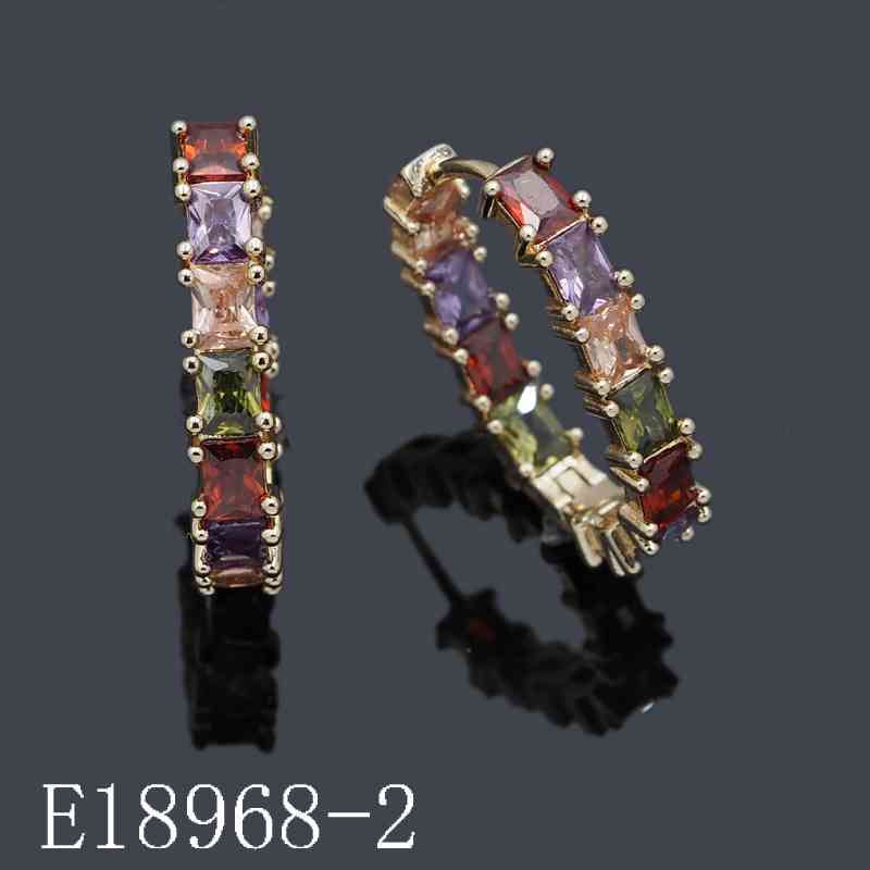 E18968-2 - 18K Gold Plated Rainbow Cubic Zirconia Huggie Hoop Earrings | Colorful Emerald-Cut Gemstone Hoops