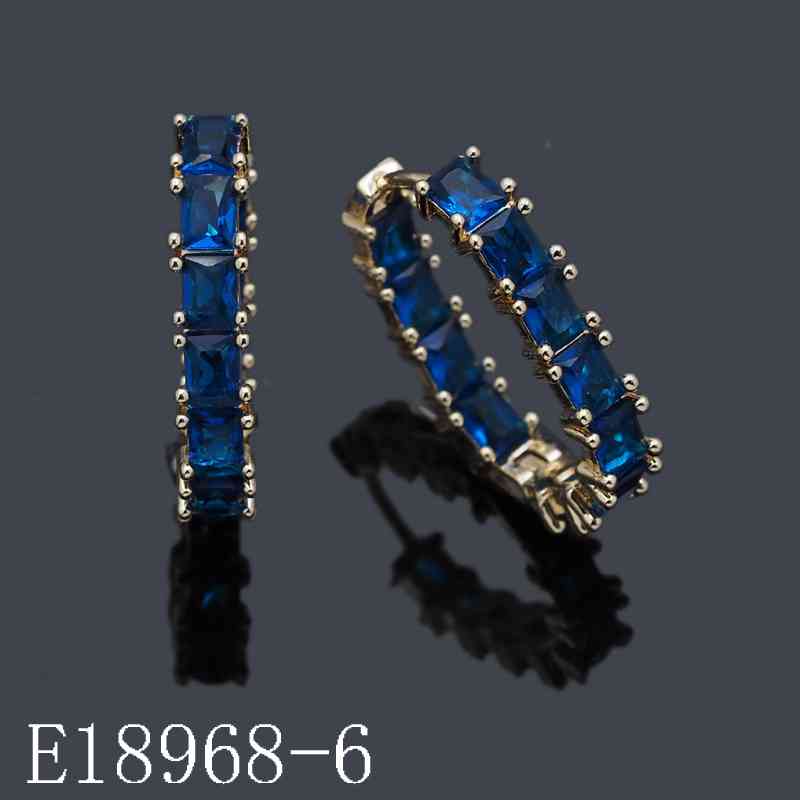 E18968-6 - 18K Gold Plated Emerald Cut Sapphire Blue Cubic Zirconia Huggie Hoop Earrings