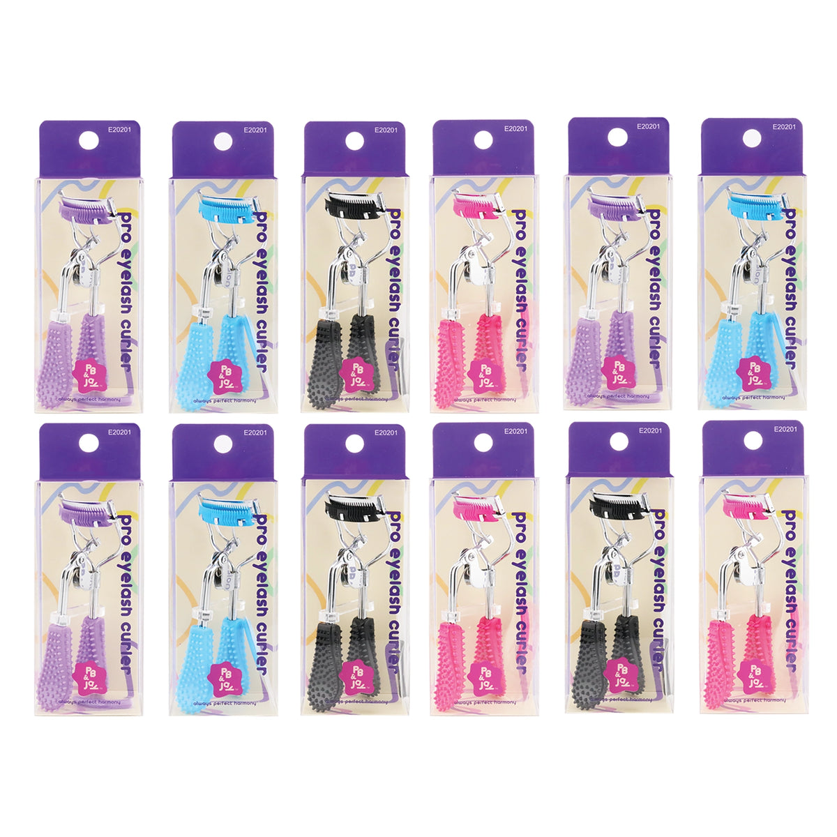 PB & Jay Pro Eyelash Curler with Built-In Lash Comb & Textured Silicone Grips – 4-Color (12pcs)