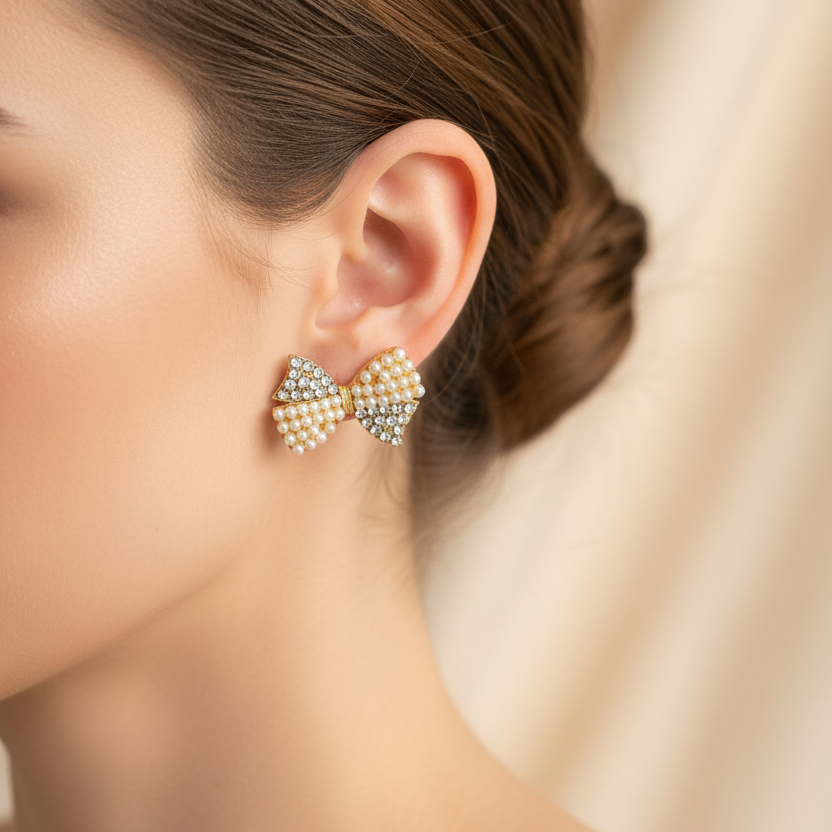 Elegant Mini Bow Hair Claw Clips – Rhinestone & Pearl Accents (2.2cm) (EF-1233GS)