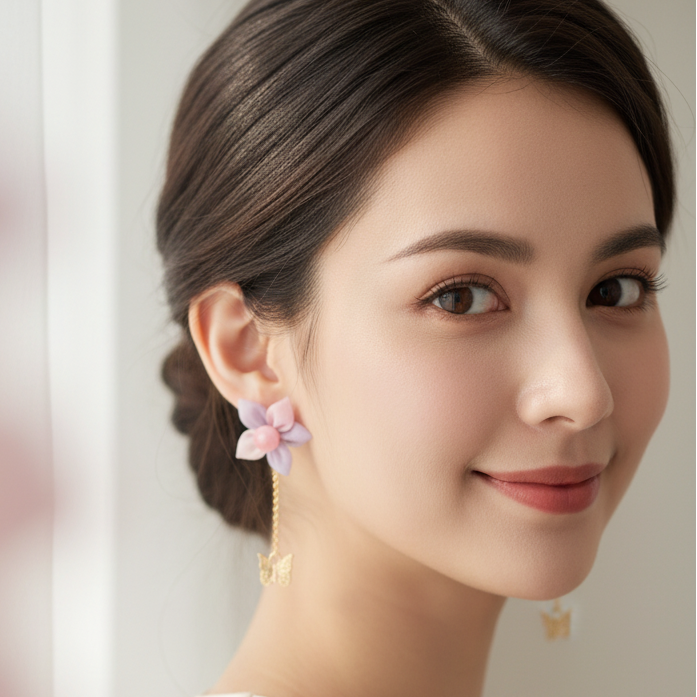 Elegant Asymmetric Floral & Butterfly Dangle Earrings | Pastel Drop Earrings (EF-1248SN)