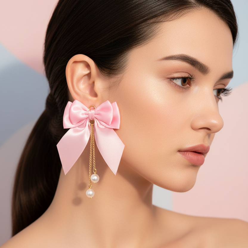 Charming Satin Bow Drop Earrings with Pearl Tassels – Cute Coquette Ribbon Dangle Earrings for Women (EF-1300SN)