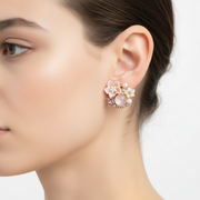 Floral Rhinestone & Pearl Stud Earrings - Elegant Bouquet Style (EF-1348K)