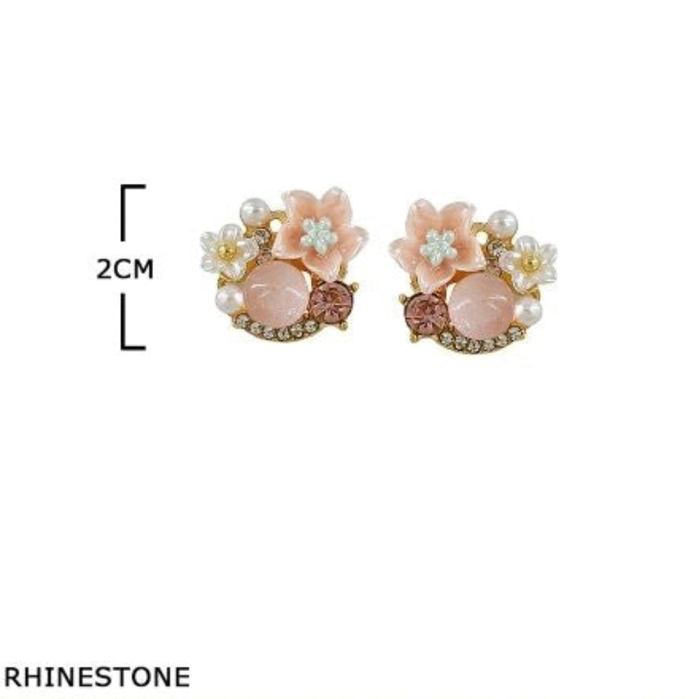 Floral Rhinestone & Pearl Stud Earrings - Elegant Bouquet Style (EF-1348K)