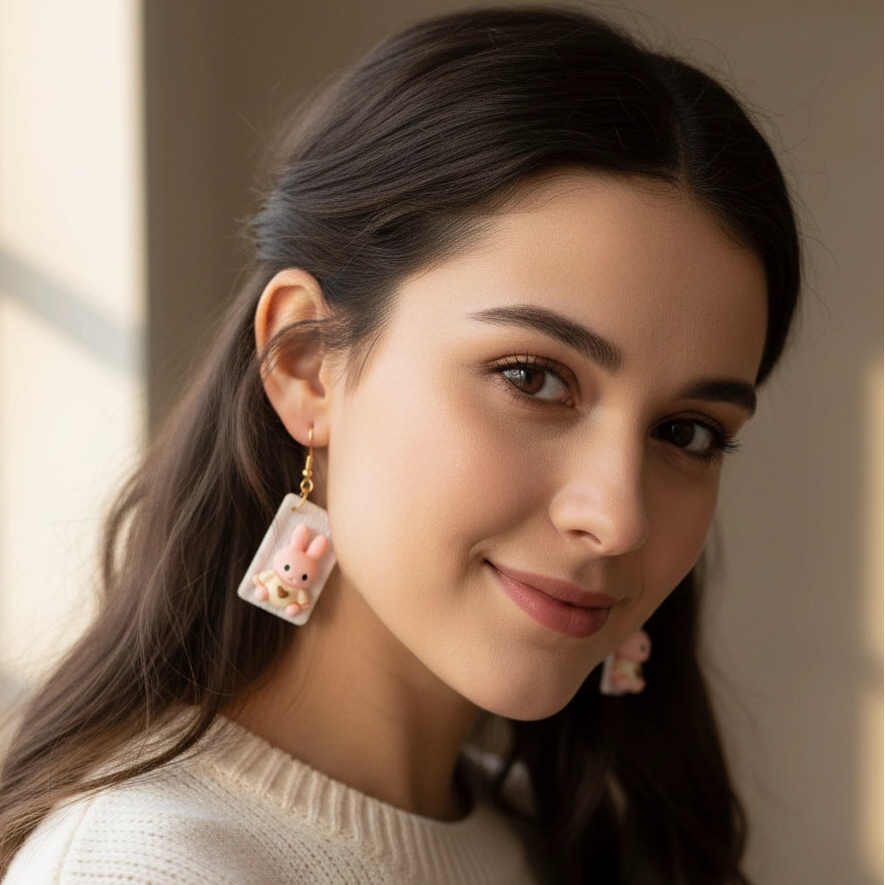 Adorable 3D Bunny Rabbit Drop Earrings – Kawaii Easter Jewelry (EF-1351EA)