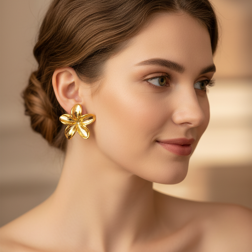 2-Pair Hawaiian Plumeria Flower Stud Earring Set (Gold & Silver Tone) (EF-2010GS)