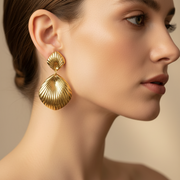 Vintage Ribbed Shell Drop Earrings | Gold & Silver Textured Seashell Dangle Earrings, 6cm | Coastal Statement Jewelry Pack (EF-2019GS)