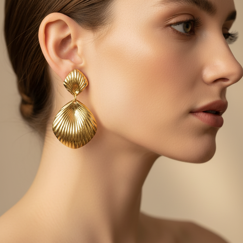 Vintage Ribbed Shell Drop Earrings | Gold & Silver Textured Seashell Dangle Earrings, 6cm | Coastal Statement Jewelry Pack (EF-2019GS)