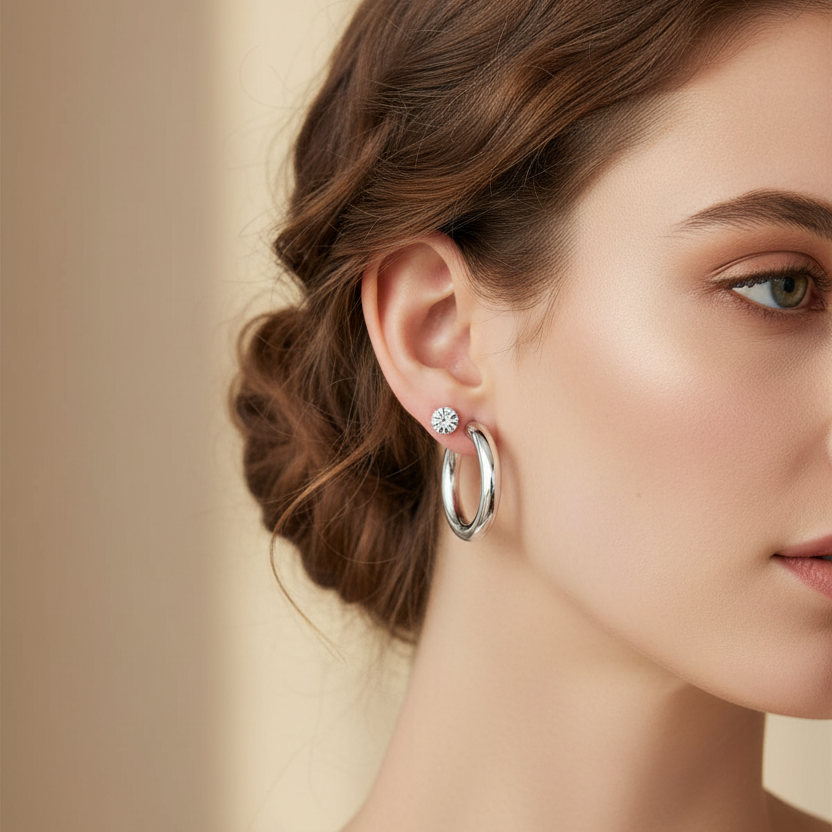 Multi-Pack Earring Set – 3 Pairs of Chunky Hoops, Rhinestones, and Metallic Studs (Gold & Silver Tone) (EF-2021GS)