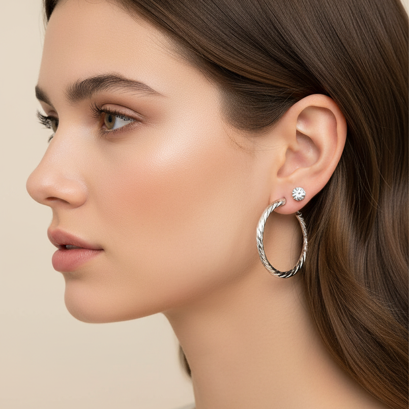 3-Pair Earring Set – 5cm Twisted Hoop Earrings & 0.8cm Rhinestone Studs Set, Gold & Silver Fashion Jewelry Pack (EF-2022GS)