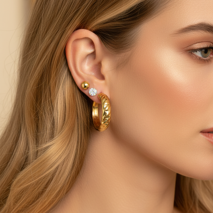 3-Pair Earring Set – Gold & Silver Textured Hoop and Stud Multipack (EF-2024GS)