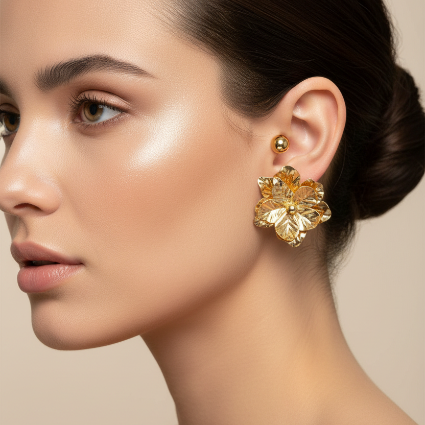 3-Pair Flower and Ball Stud Earrings Set – Gold & Silver Tone Textured Floral Statement Earrings (6pc Pack, EF-2027GS)