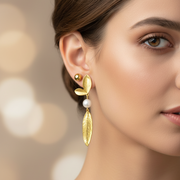 2-Pair Leaf Dangle & Stud Earring Set – Boho Gold & Silver Textured Feather Drop Earrings with Bead Accent (EF-2029GS)
