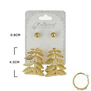 Gold & Silver Leaf Hoop Earring Set – Textured Fern Branch Hoop Earrings with Ball Studs (EF-2032GS)